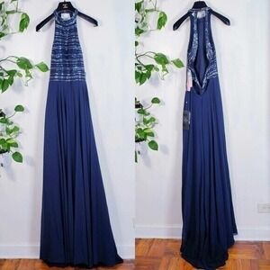 Beaded Long Dress 18 XL Navy Open Back Gown Prom Party Bridesmaid ALYCE Paris
